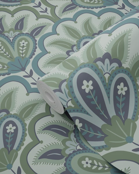 ESTAhome Tapete orientalisches Barockmotiv Blau und Grün - 50 x 900 cm - 131037