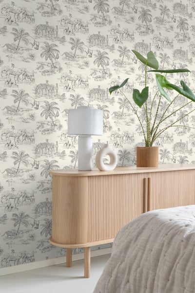 Origin Wallcoverings Tapete Dschungeltiere Elfenbeinweiß und Grau - 53 cm x 10.05 m - 347442
