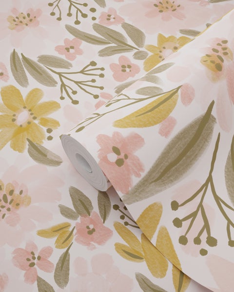 ESTAhome Tapete Blumen Hellrosa, Ockergelb und Graugrün - 50 x 900 cm - 130923