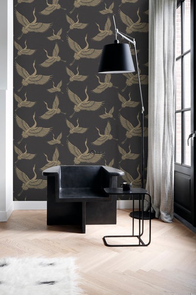 Origin Wallcoverings Tapete Kraniche Schwarz und Beige - 50 x 900 cm - 347810