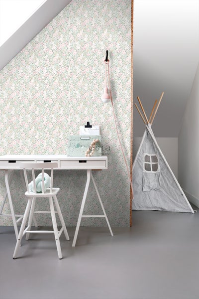ESTAhome Tapete Blumen Hellrosa und Grün - 53 cm x 10.05 m - 139532