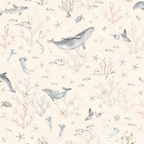 ESTAhome Tapete Unterwasserwelt Hellbeige und Graublau - 50 x 900 cm - 131260