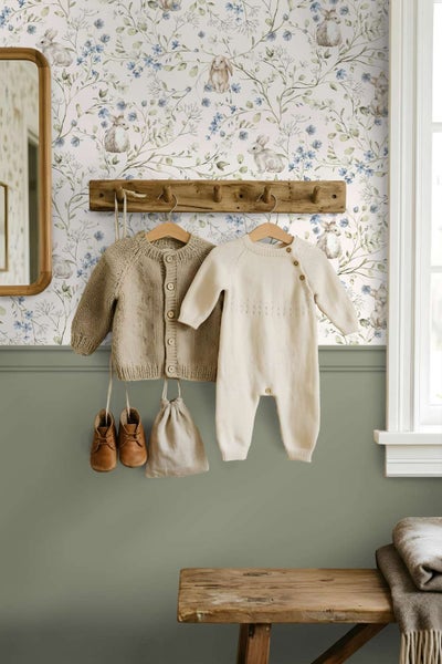 Wohnraum mit Vliestapete mit Hasen und Blumenmuster, Wandpaneel in gedecktem Ton, Holzhakenleiste mit Kinderkleidung, Spiegel und Holzbank.