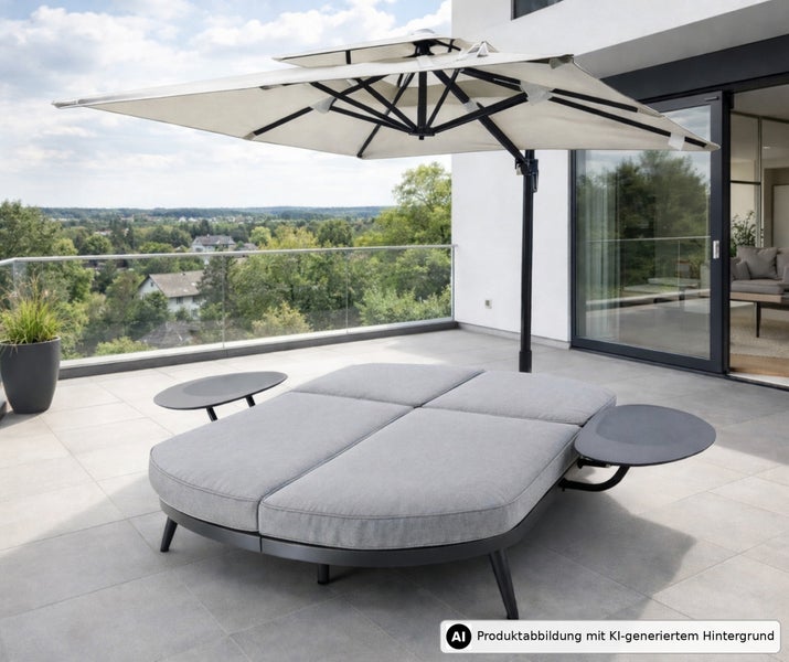 Moderne Gartenlounge Insel mit integriertem Sonnenschirm und seitlichen Ablageflächen auf einer großzügigen Terrasse.