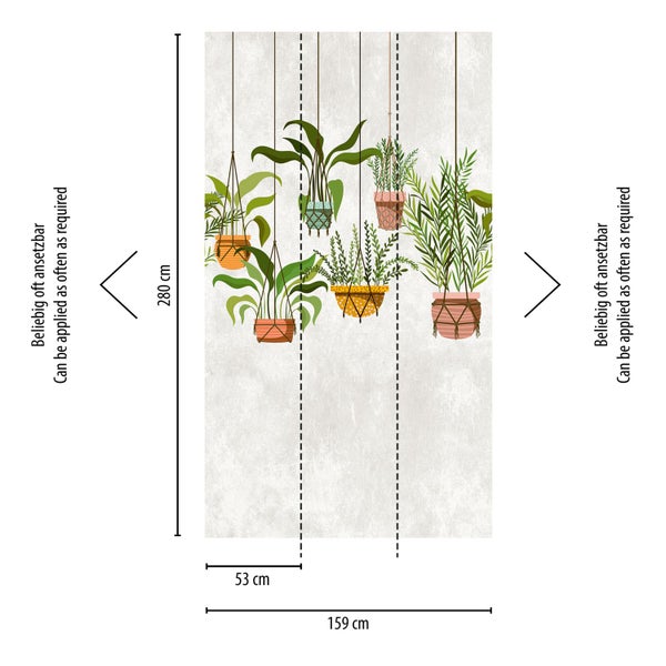 Fototapete mit hängenden Zimmerpflanzen und Maßangaben