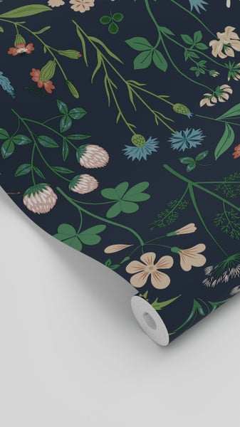 ESTAhome Tapete Feldblumen Tintenblau und Grün - 53 cm x 10.05 m - 139844