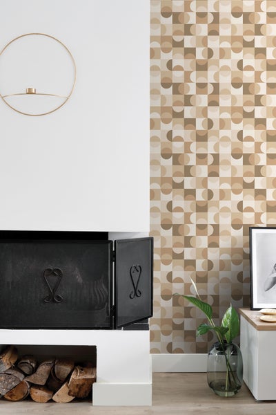 ESTAhome Tapete Kreise im Bauhaus-Stil Beige, Braun und Weiß - 50 x 900 cm - 130937