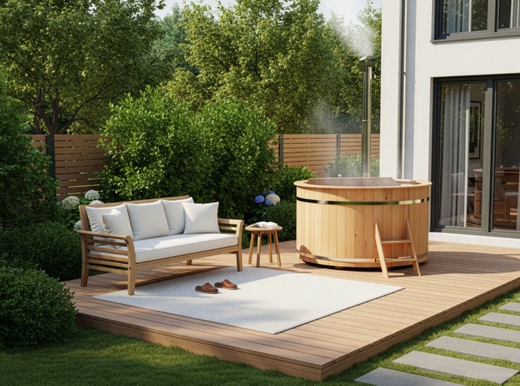 Holz-Badebottich mit Ofen auf einer Holzterrasse im Garten, ergänzt durch eine Gartenbank und einen kleinen Beistelltisch.