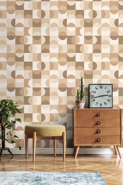 ESTAhome Tapete Kreise im Bauhaus-Stil Beige, Braun und Weiß - 50 x 900 cm - 130937