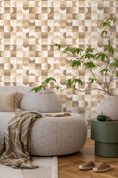 ESTAhome Tapete Kreise im Bauhaus-Stil Beige, Braun und Weiß - 50 x 900 cm - 130937