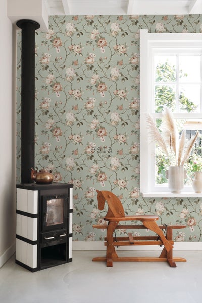 ESTAhome Tapete Blumenmuster Mintgrün und Hellrosa - 53 cm x 10.05 m - 139291
