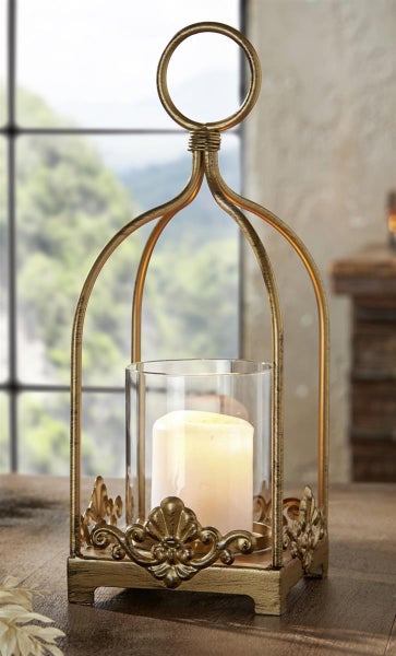 Dekoleidenschaft Windlicht Ornament aus Metall in gold in Antik Optik, 32 cm hoch, Kerzenhalter zum Aufängen oder Hinstellen, Hängewindlicht