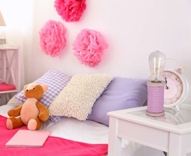 Tischleuchte max. 12cm hoch, Deko-Tischleuchte aus Metall und Kunststoff und Textilmaterial in pink-weiß, E27-Fassung, Tischlampe für Esszimmer, Küche, Kinderzimmer, Diele