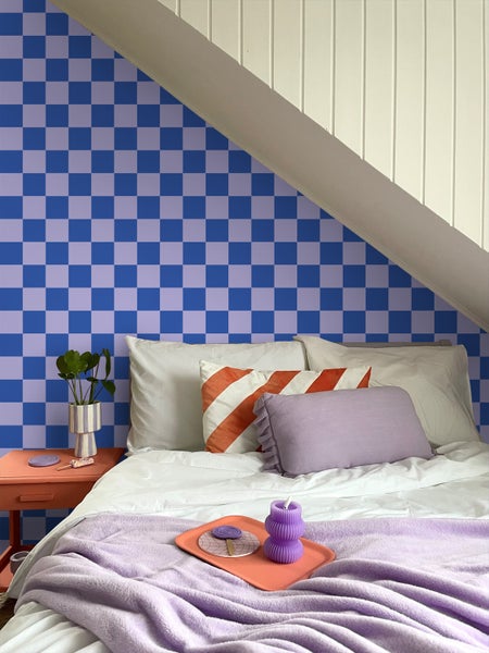 ESTAhome Tapete Karomuster Violett und Königsblau - 53 cm x 10.05 m - 130917