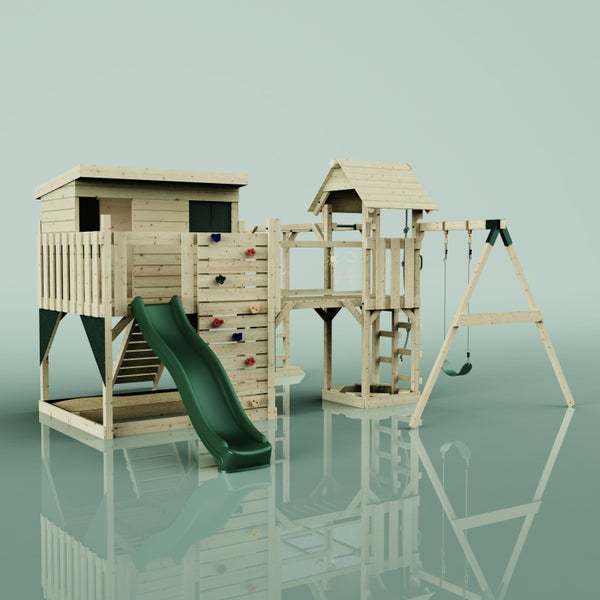 Holzspielplatz mit Spielhaus, Rutsche, Kletterwand und Schaukel