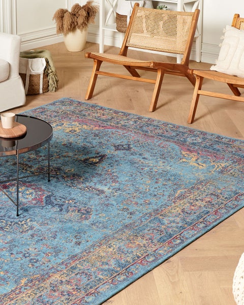 Teppich Baumwolle blau 200 x 300 cm orientalisches Muster Kurzflor KANSU