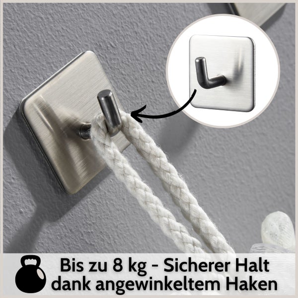 Selbstklebender Wandhaken aus gebürstetem Edelstahl, quadratische Form mit angewinkeltem Haken, Tragkraft bis zu 8 Kilogramm.