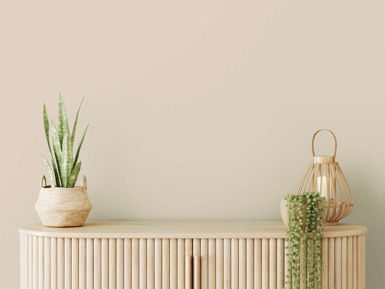 Modernes Sideboard aus hellem Holz mit geriffelter Front, einer Sansevieria im Korb, einer Bambuslaterne mit Kerze und einer hängenden Grünpflanze.