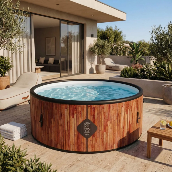 Runder Whirlpool mit Verkleidung in Holzoptik auf einer hellen, modernen Terrasse mit Gartenmöbeln und Pflanzen, COCO SPA Logo.