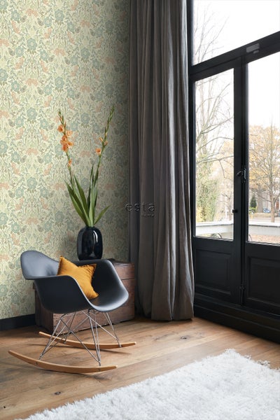 ESTAhome Tapete Blumen und Vögel im Jugendstil Graublau, Braun und Altrosa - 53 cm x 10.05 m - 139323
