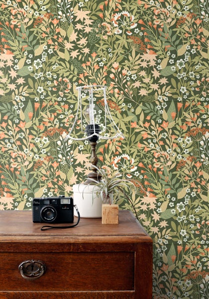 ESTAhome Tapete Feldblumen Grün und Orange - 50 x 900 cm - 131352