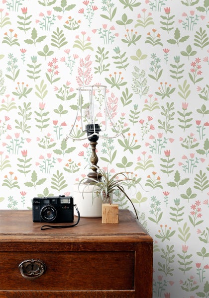 ESTAhome Tapete Feldblumen Grün und Rosa - 50 x 900 cm - 131094