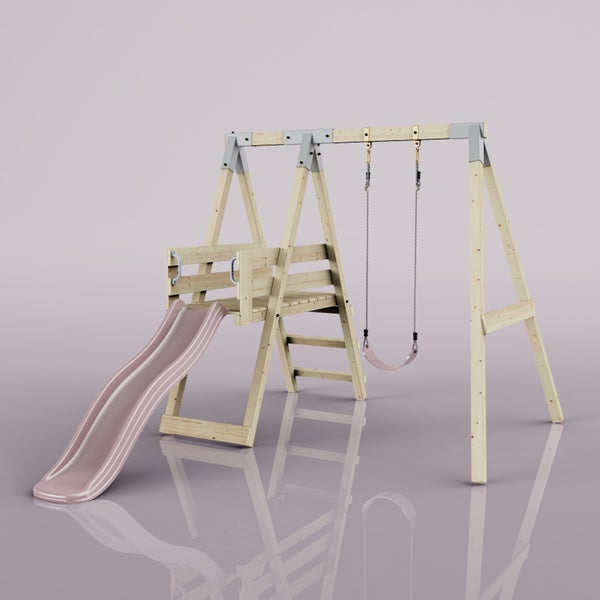 Spielturm aus Holz mit rosa Wellenrutsche, Schaukel und Leiter.