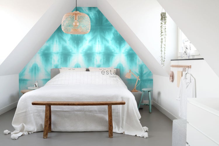 ESTAhome Fototapete wandfüllendes Tie-Dye Shibori Muster Türkis - 100 x 279 cm - 158822