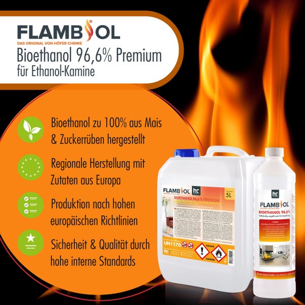 Flambiol Bioethanol 96,6 Prozent Premium für Ethanol Kamine in Kanister und Flasche