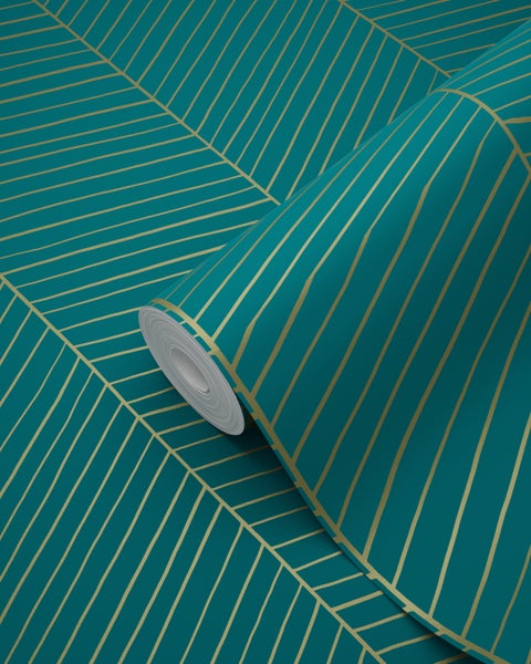 ESTAhome Tapete Fischgrätmuster Smaragdgrün und Gold - 53 cm x 10.05 m - 139200