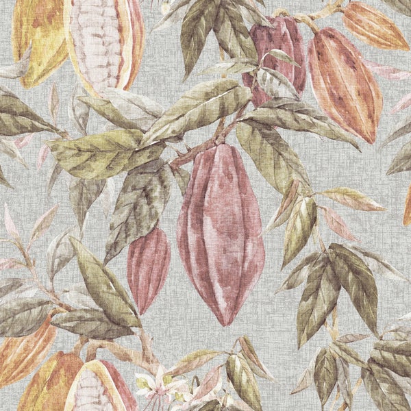 Dekoratives Muster mit Kakaobohnen und Blättern auf einem strukturierten Hintergrund.