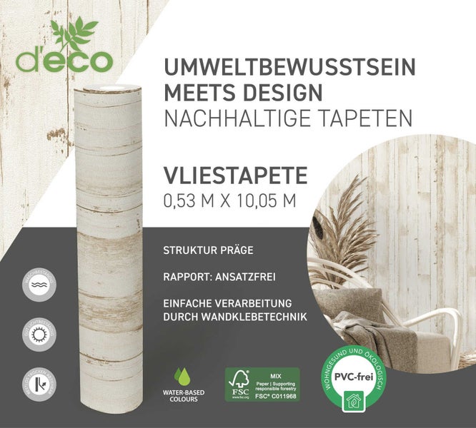 Raumszene mit Dekor Tapete in Holzoptik und d'eco Logo