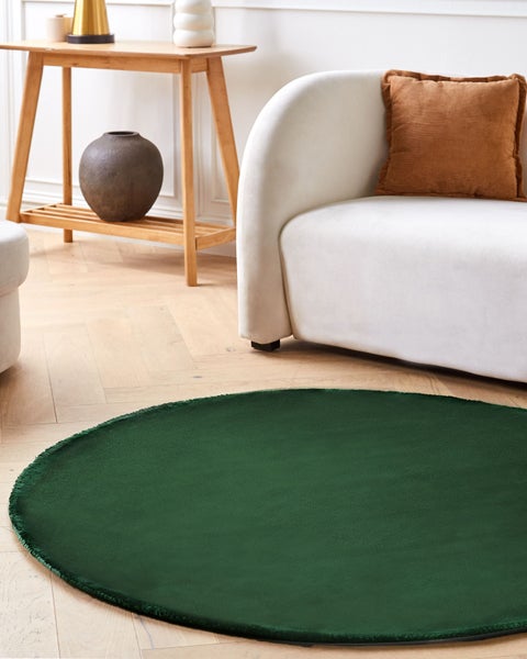 Szene mit einem runden, grünen Teppich, einem Sofa und einem Beistelltisch