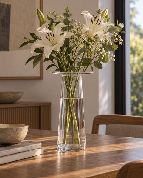 Durchsichtige Glasvase mit Lilien und Schleierkraut auf einem Holztisch in einem hellen Wohnraum.