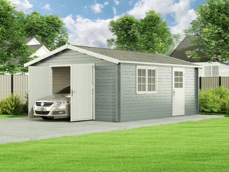 Alpholz Holzgarage B-44 ISO mit 2-flg, Holzgaragentor Garage aus Holz, Unterstellplatz mit 44 mm Wandstärke, Fertiggarage mit Montagematerial, Naturbelassen 4,7x5,7m