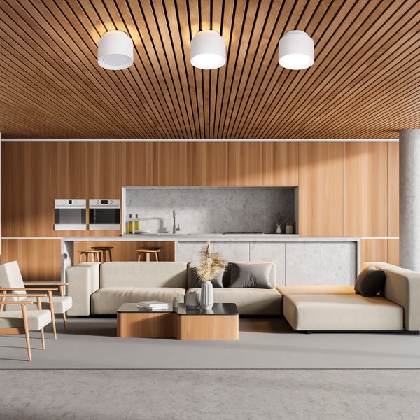 Helles Wohnzimmer mit Holzdecke, Küchenzeile, Sitzgruppe und Couchtisch.