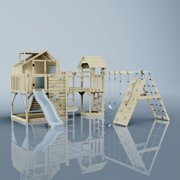 Spielplatz aus Holz mit Rutsche, Schaukel und Kletterwand