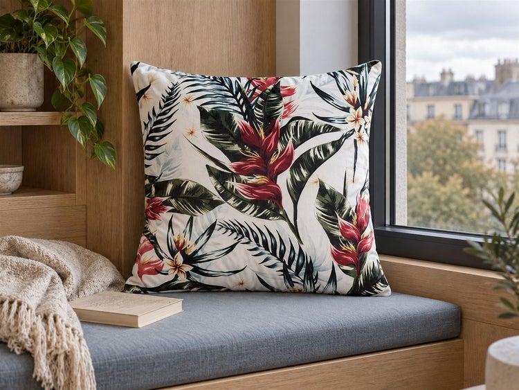 Quadratisches Dekokissen mit tropischem Blumenmuster auf einer hölzernen Fensterbank.