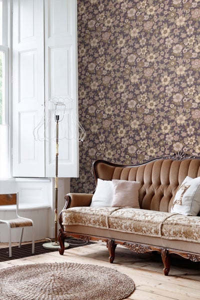ESTAhome Tapete Retro Blumen Dunkelviolett und Beige - 50 x 900 cm - 131529