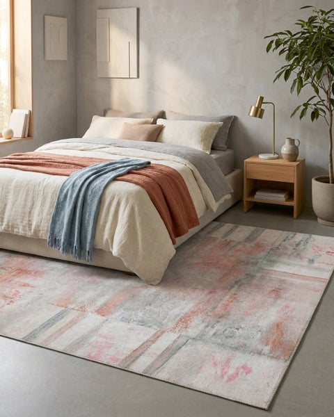 Modernes Schlafzimmer mit Bett, Nachttisch aus Holz und einem großen Teppich mit abstraktem Muster auf glattem Boden.