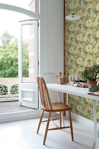 ESTAhome Tapete Blumenmuster Grün und Ockergelb - 53 cm x 10.05 m - 139379