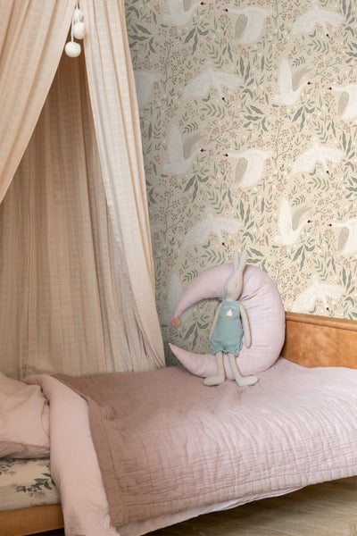 ESTAhome Tapete Schwäne Beige, Weiß und Graugrün - 53 cm x 10.05 m - 139797