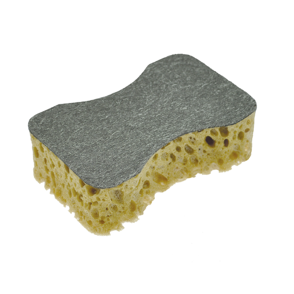 Gelber Reinigungsschwamm mit grauem Scheuervlies, ergonomisch geformt.
