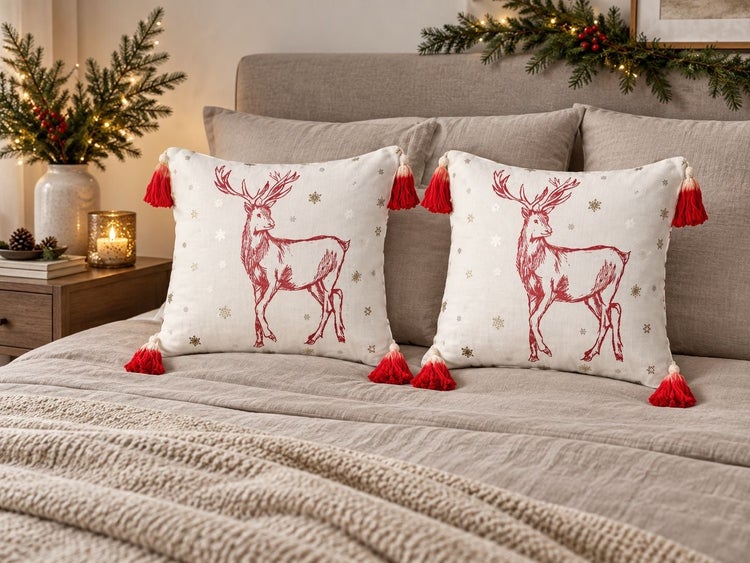 Zwei quadratische Dekokissen mit Hirschmotiv und Quasten auf einem Bett in einem weihnachtlich dekorierten Schlafzimmer.