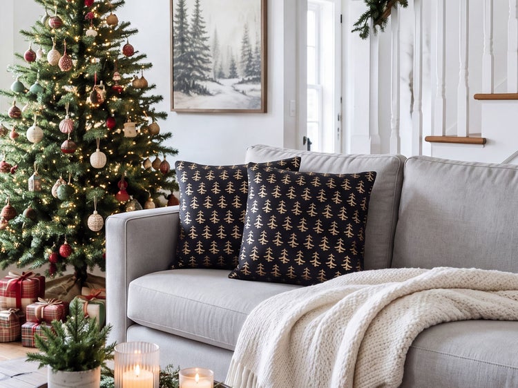 Wohnzimmer mit Sofa, zwei Kissen mit Tannenbaummuster, beleuchtetem Weihnachtsbaum und Strickdecke in weihnachtlich geschmückter Einrichtung.
