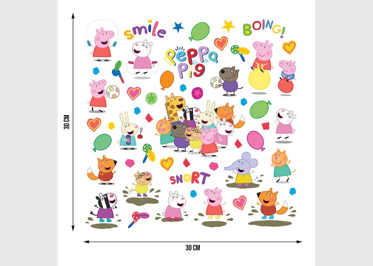 Peppa Wutz Wandtattoo mit verschiedenen Figuren, Ballons, Schriftzügen und dem Peppa Pig Logo, Maße 30 Zentimeter mal 30 Zentimeter.