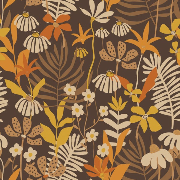 ESTAhome Tapete tropische Blätter und Blüten Braun und Mehrfarbig - 50 x 900 cm - 130997