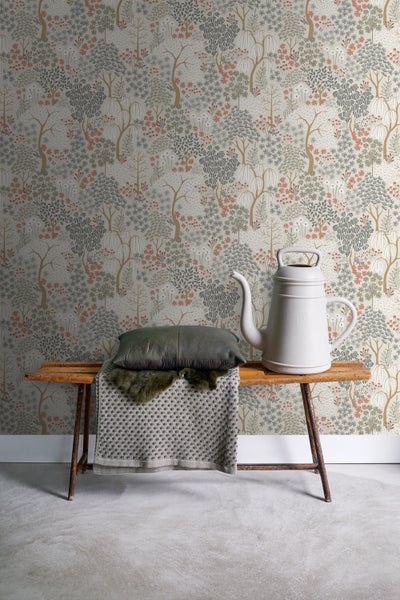 ESTAhome Tapete Bäumen und Blumen Graugrün und Terrakotta - 50 x 900 cm - 131187