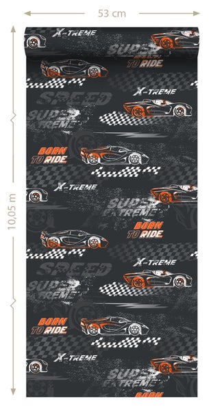 Sanders und Sanders Tapete Rennwagen Orange und Schwarz-Weiß - 50 x 900 cm - 935366