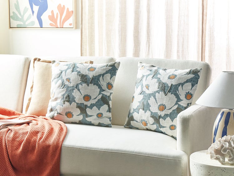 Dekokissen 2er Set JATROPHA Baumwolle 45 x 45 cm Hellblau Blumenmuster